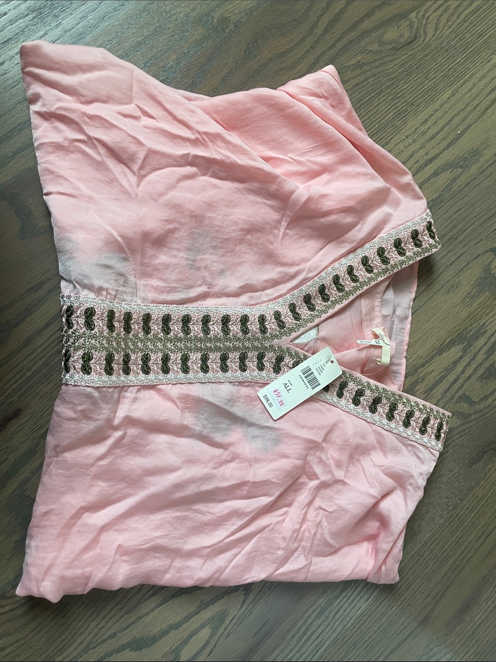 Anthropologie Pink Embroidered V-Neck Top